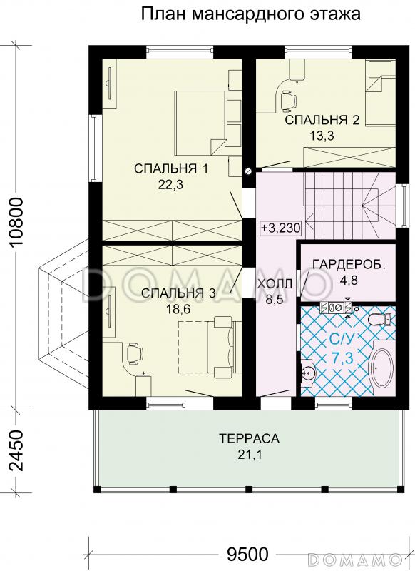 Проект загородного дома из пеноблоков с тремя спальными комнатами на мансардном этаже / План мансардного этажа