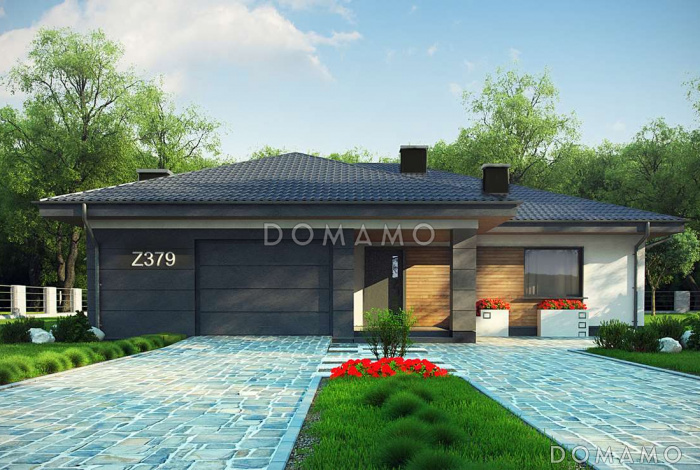 Проект просторного одноэтажного дома из кирпича с тремя спальнями, кабинетом и гаражом