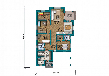 Проект одноэтажного дома с кабинетом, навесом для машины, тремя спальнями и небольшой угловой террасой / План 1 этажа