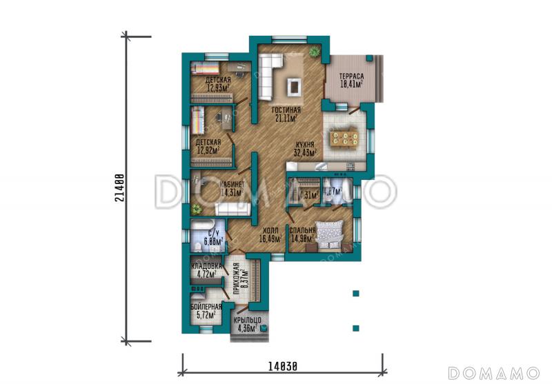 Проект одноэтажного дома с кабинетом, навесом для машины, тремя спальнями и небольшой угловой террасой / План 1 этажа