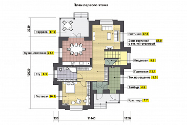Проект дома с крытой террасой, кладовой под лестницей, гостевой на первом этаже, хозяйской спальней на втором этаже / План 1 этажа Проект дома с крытой террасой, кладовой под лестницей, гостевой на первом этаже, хозяйской спальней на втором этаже / План 1 этажа