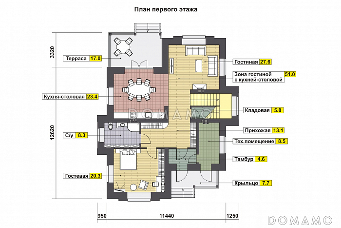Проект дома с крытой террасой, кладовой под лестницей, гостевой на первом этаже, хозяйской спальней на втором этаже / План 1 этажа Проект дома с крытой террасой, кладовой под лестницей, гостевой на первом этаже, хозяйской спальней на втором этаже / План 1 этажа