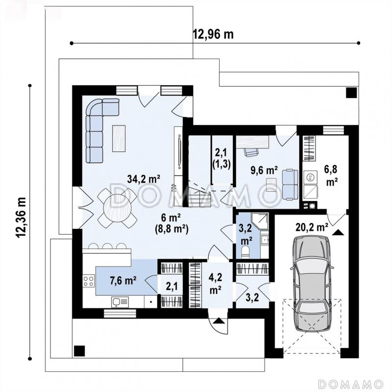 Проект загородного дома с мансардой, гаражом на одну машину, кладовой под лестницей / План 1 этажа