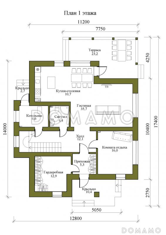 Проект двухэтажного дома с крытой террасой, тремя спальнями и гардеробными / План 1 этажа