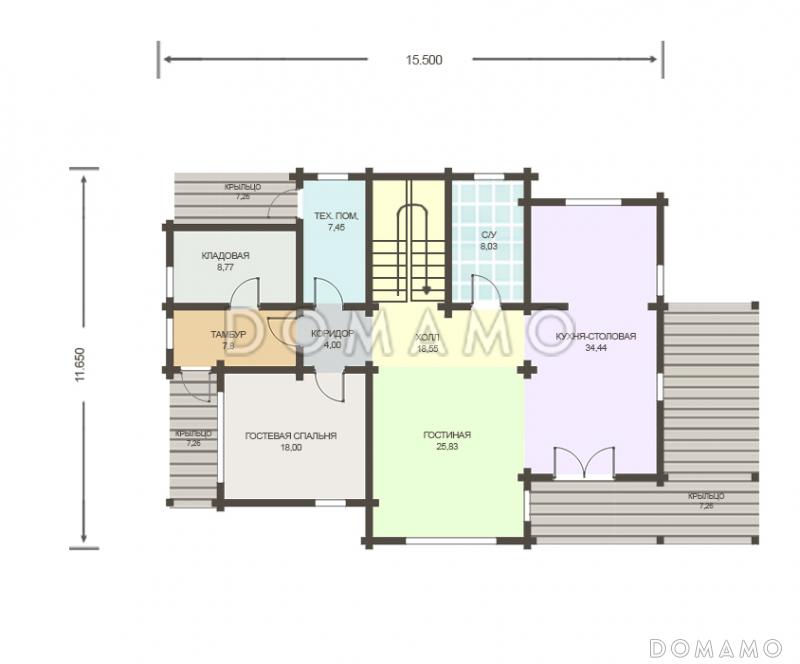 Проект дома из клееного бруса с угловой террасой / План 1 этажа Проект дома из клееного бруса с угловой террасой / План 1 этажа