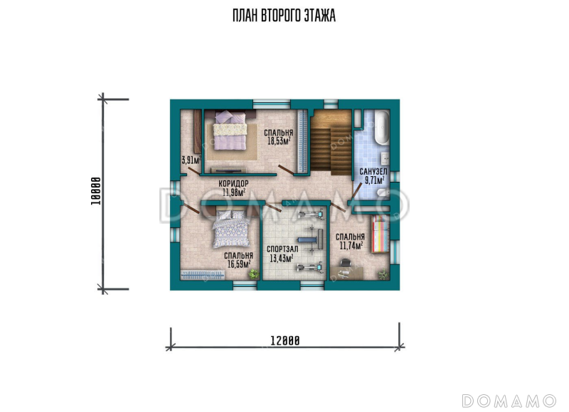 Проект двухэтажного дома с террасой и спортзалом / План 2 этажа