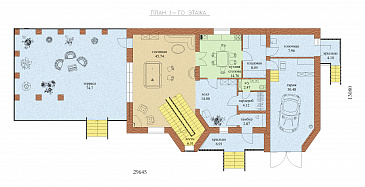 Проект одноэтажного коттеджа с мансардным этажом, гаражом и летней открытой площадкой на крыше гаража / План 1 этажа