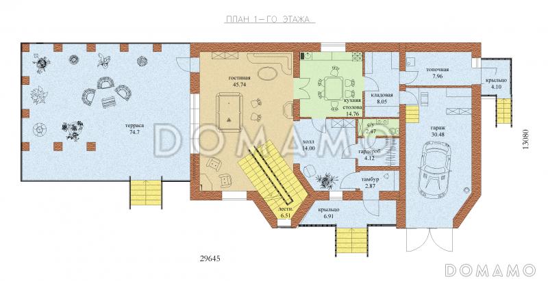 Проект одноэтажного коттеджа с мансардным этажом, гаражом и летней открытой площадкой на крыше гаража / План 1 этажа