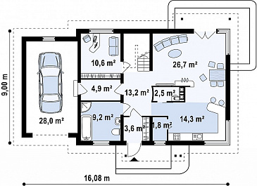 Проект одноэтажного мансардного дома из кирпича с кабинетом, угловым окном в гостиной и гаражом / План 1 этажа