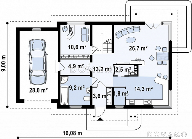 Проект одноэтажного мансардного дома из кирпича с кабинетом, угловым окном в гостиной и гаражом / План 1 этажа