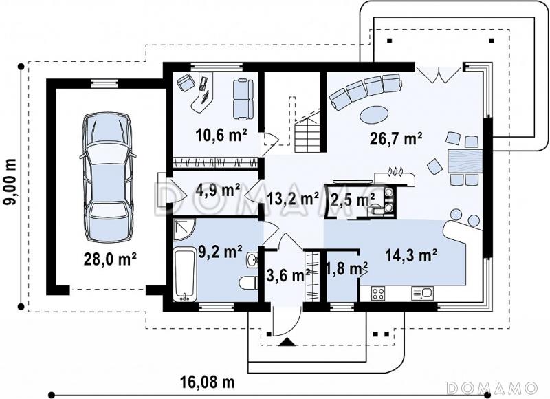 Проект одноэтажного мансардного дома из кирпича с кабинетом, угловым окном в гостиной и гаражом / План 1 этажа