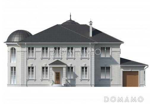 Проект двухэтажного дома в византийском стиле из газобетона с двумя круглыми эркерами и гаражом / Фасад 3