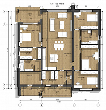 Проект одноэтажного дома с мастер-спальней, просторной кухней-гостиной и блоком с тремя спальнями / План 1 этажа Проект одноэтажного дома с мастер-спальней, просторной кухней-гостиной и блоком с тремя спальнями / План 1 этажа