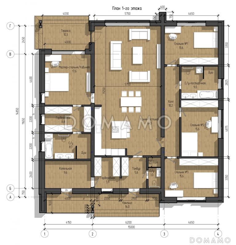 Проект одноэтажного дома с мастер-спальней, просторной кухней-гостиной и блоком с тремя спальнями / План 1 этажа