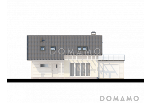 Проект одноэтажного мансардного дома из кирпича с террасой над гаражом / Фасад 1