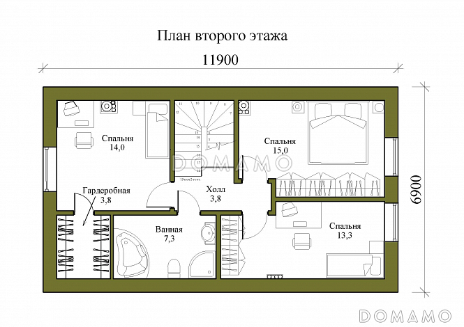Проект компактного одноэтажного дома с мансардной и четырьмя спальнями / План мансардного этажа Проект компактного одноэтажного дома с мансардной и четырьмя спальнями / План мансардного этажа