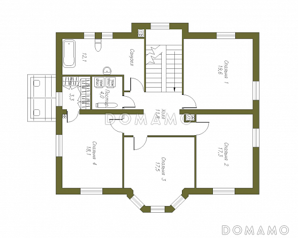 Проект двухэтажного коттеджа из СИП панелей с четырехскатной кровлей / План 2 этажа Проект двухэтажного коттеджа из СИП панелей с четырехскатной кровлей / План 2 этажа