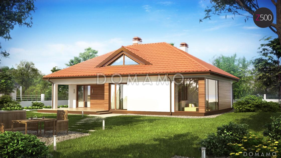 Проект одноэтажного дома из кирпича с крытой террасой и оранжереей / 1