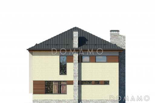 Проект загородного дома с просторной гостиной с камином, террасой, сауной на первом этаже, балконом / Фасад 4