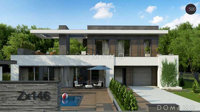 Проект современного двухэтажного дома из кирпича с панорамным остеклением и просторной террасой на втором этаже