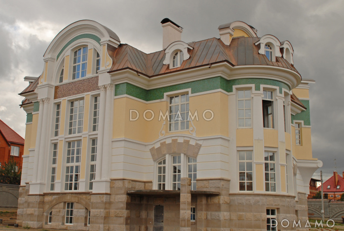 Проект романтичного коттеджа с гаражом и башенкой