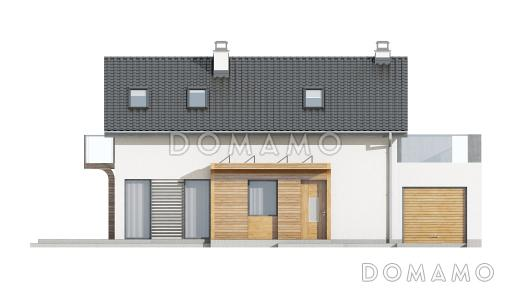 Проект мансардного одноэтажного дома из кирпича с тремя спальнями, гаражом и террасой над ним / Фасад 1