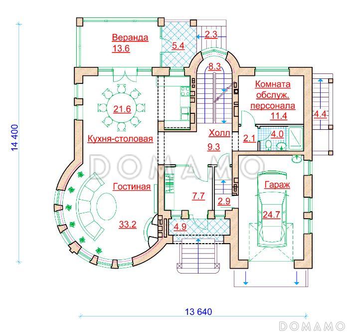 Проект коттеджа с круглой гостиной и гаражом / План 1 этажа