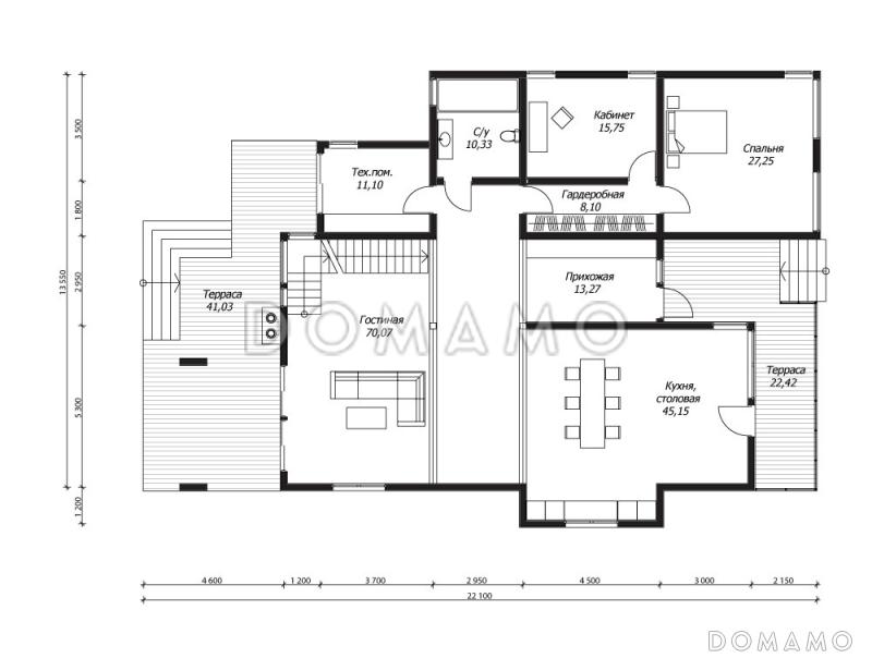 Проект двухэтажного дома с панорамным остеклением и плоской кровлей / План 1 этажа