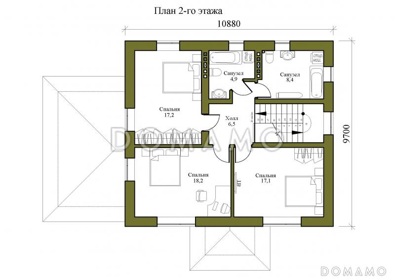 Проект двухэтажного дома с тремя спальнями на втором этаже и одной на первом этаже / План 2 этажа
