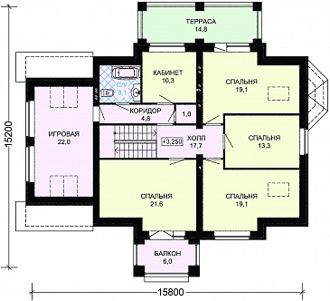 Проект дома из пеноблоков с гаражом, кабинетом и игровой комнатой / План мансардного этажа