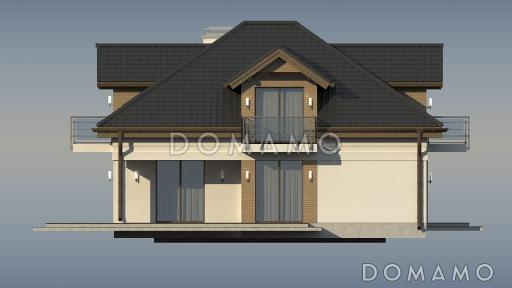 Проект одноэтажного мансардного дома из кирпича с кабинетом, гаражом и тремя балконами / Фасад 4