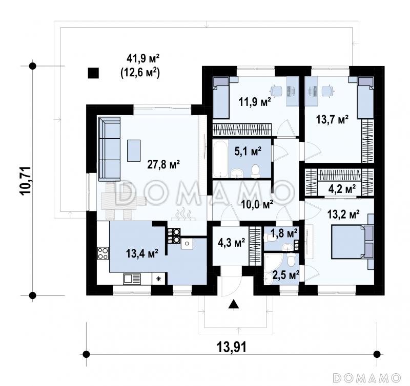 Проект дома с функциональной планировкой, светлыми помещениями, хозяйской спальней, гостиной с камином / План 1 этажа