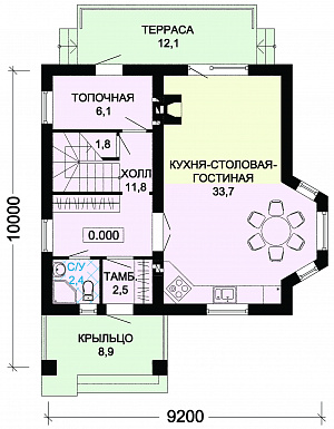 Проект дома из пеноблоков с отделкой из кирпича и зеленой шатровой крышей / План 1 этажа Проект дома из пеноблоков с отделкой из кирпича и зеленой шатровой крышей / План 1 этажа