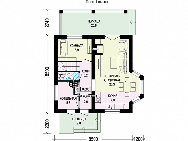 Проект одноэтажного мансардного дома из газобетона с тремя спальнями, кабинетом, эркером и крытой террасой / План 1 этажа