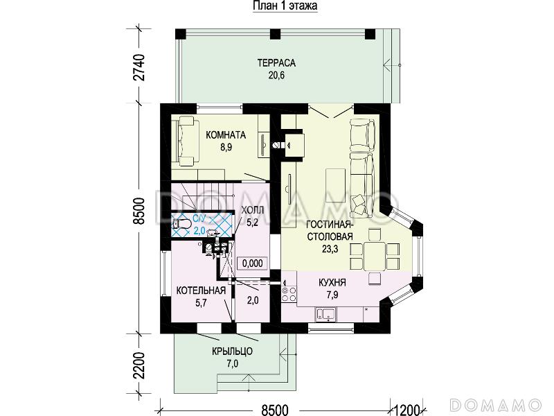 Проект одноэтажного мансардного дома из газобетона с тремя спальнями, кабинетом, эркером и крытой террасой / План 1 этажа
