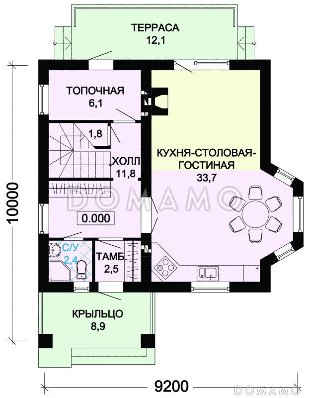 Проект дома из пеноблоков с отделкой из кирпича и зеленой шатровой крышей / План 1 этажа
