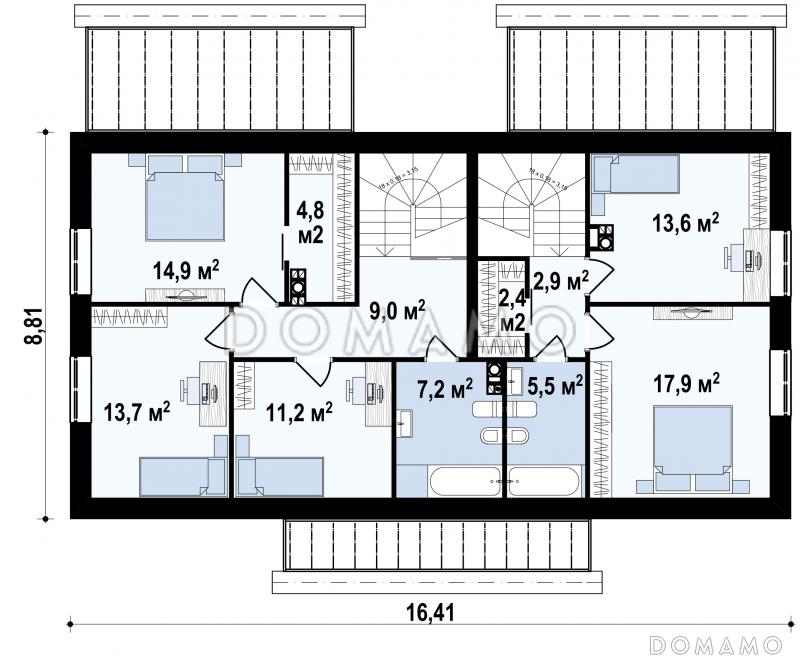 Проект комфортного мансардного дома из кирпича для двух семей / План мансардного этажа