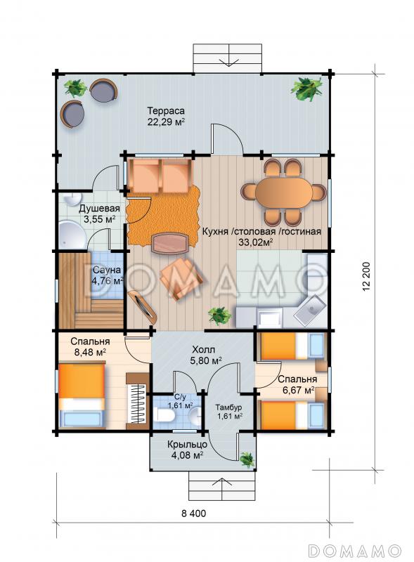 Проект одноэтажного дома из клееного бруса до 100 кв.м / План 1 этажа