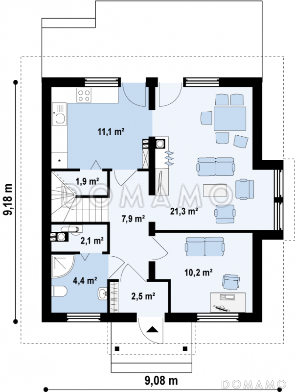 Проект одноэтажного мансардного дома из кирпича с тремя спальнями и кабинетом / План 1 этажа