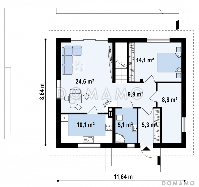 Проект одноэтажного дома из кирпича с оригинальной открытой террасой по периметру и с жилой мансардой / План 1 этажа