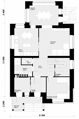 Проект современного двухэтажного дома с контрастной отделкой и застекленной верандой / План 1 этажа