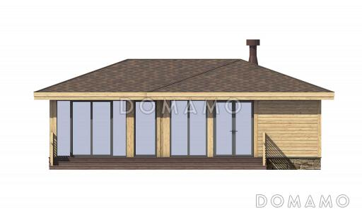 Проект беседки с панорамным остеклением, открытой террасой, столовой, санузлом, кладовой, кухней-гостиной и спальней / Фасад 1