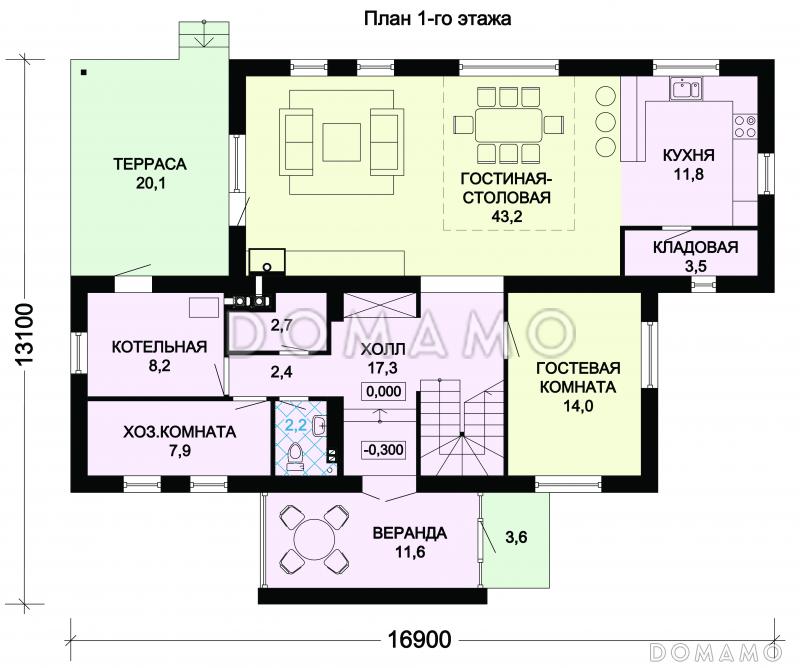 Проект дома из пеноблоков с четырьмя просторными спальными комнатами на мансардном этаже / План 1 этажа