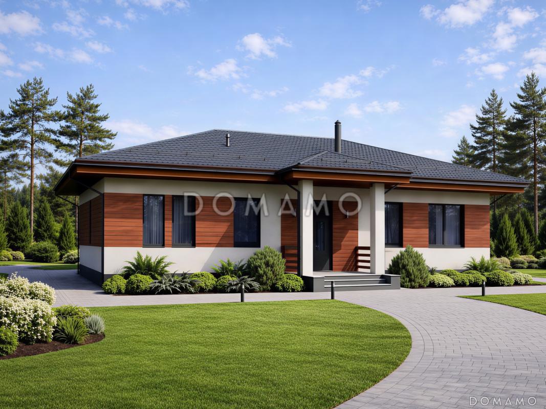 Проект одноэтажного кирпичного дома для семьи с 2 детскими, мастер-спальней, кабинетом и крытой террасой / 2