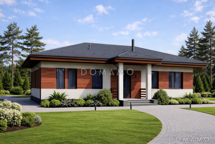 Проект одноэтажного кирпичного дома для семьи с 2 детскими, мастер-спальней, кабинетом и крытой террасой