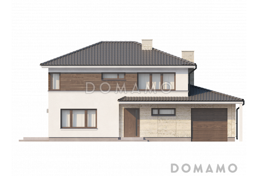 Проект современного двухэтажного дома из газобетона с четырьмя комнатами, гаражом, террасой и балконом / Фасад 1