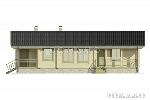 Проект одноэтажного дома с двумя спальнями, комнатой отдыха, гостиной с камином, сауной / Фасад 1