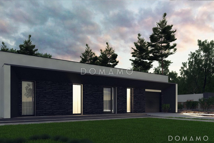 Проект современного одноэтажного дома из кирпича с плоской крышей, с тремя комнатами и гаражом Проект современного одноэтажного дома из кирпича с плоской крышей, с тремя комнатами и гаражом