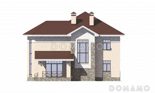 Проект солидного загородного дома с вторым светом и витражным остеклением / фасад справа