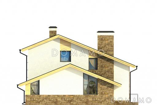 Проект светлого дома с бильярдной и спортзалом в цокольном этаже,  длинным балконом,  панорамными окнами в спальне на мансарде / Фасад 3